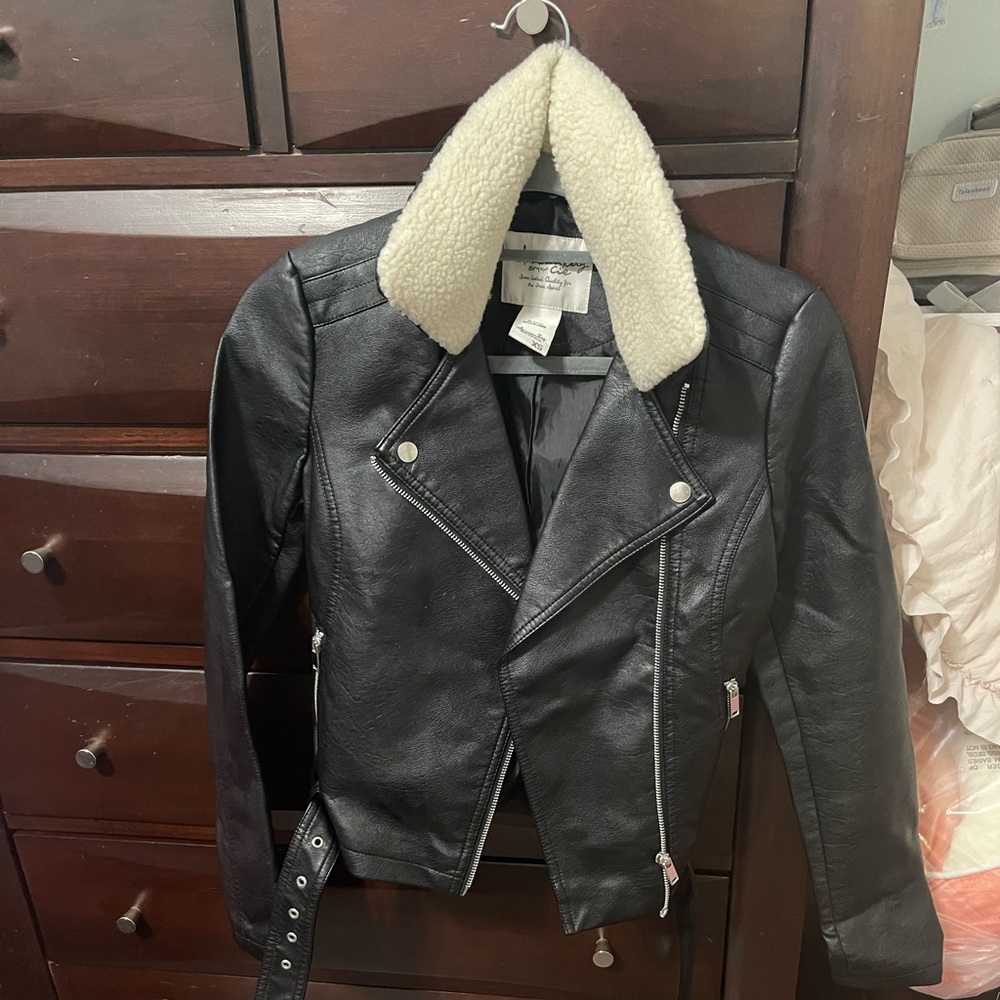 American Rag Black Leather Jacket with Furry Collar
